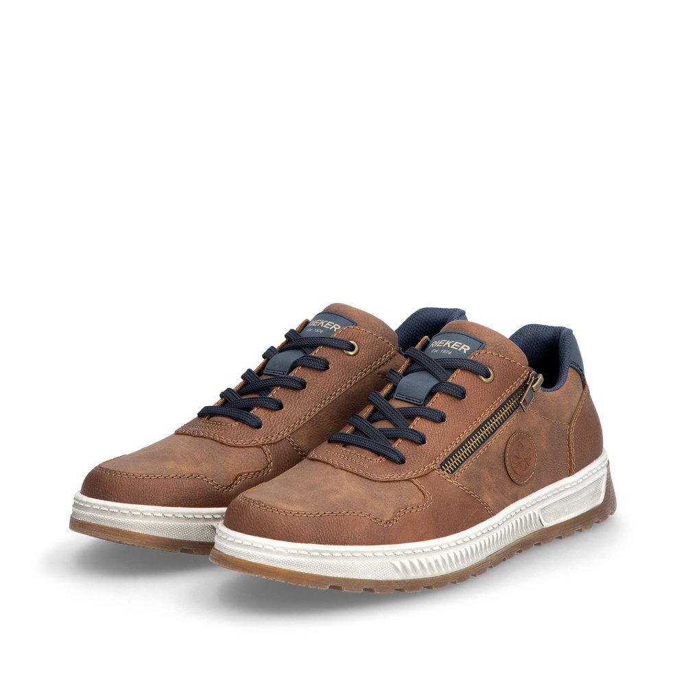 Nougat brown Rieker men´s lace-up shoes 37029-24 with round logo as well as zipper. Shoes laterally.