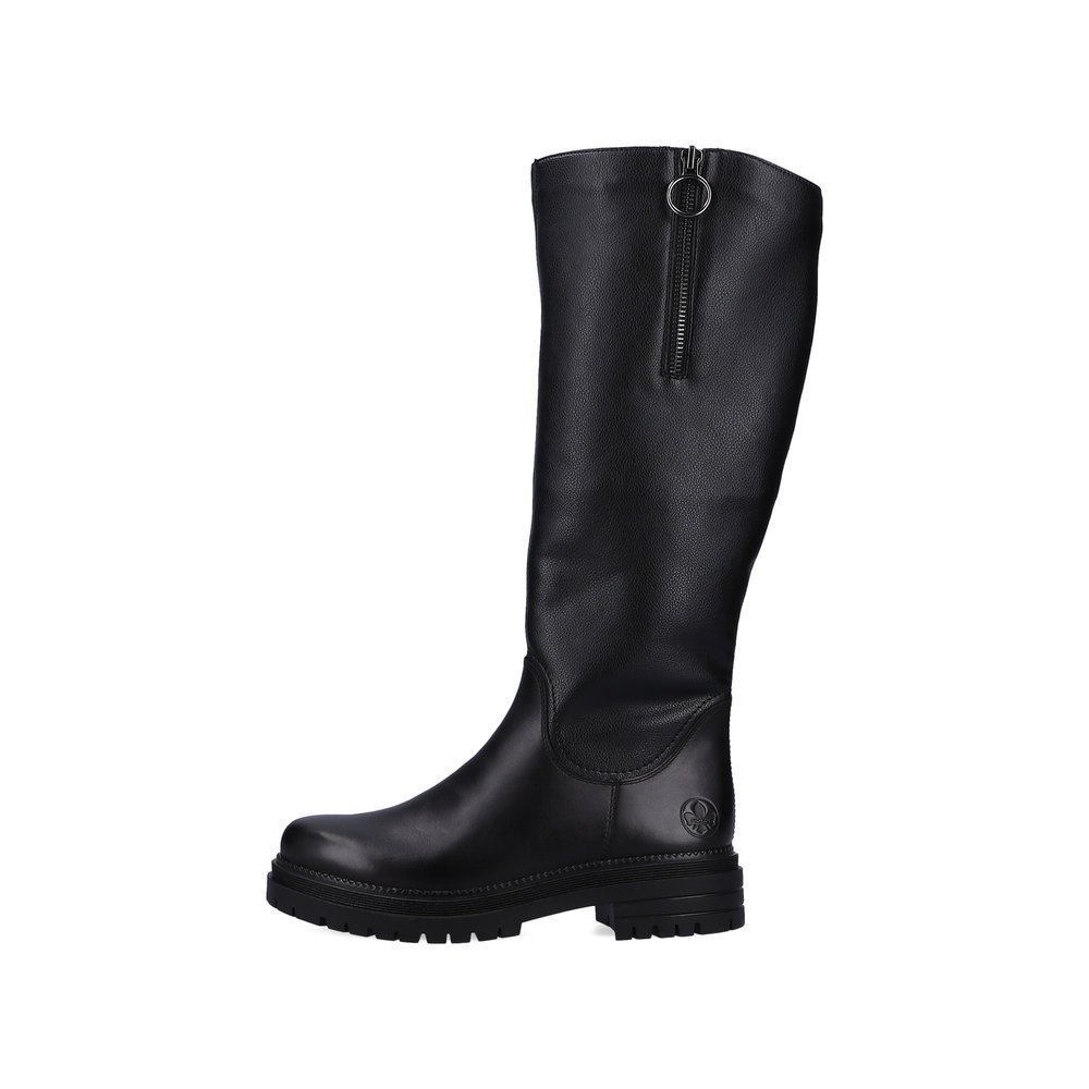 Jet black Rieker women´s high boots Y3154-00 with a zipper. Outside of the shoe.