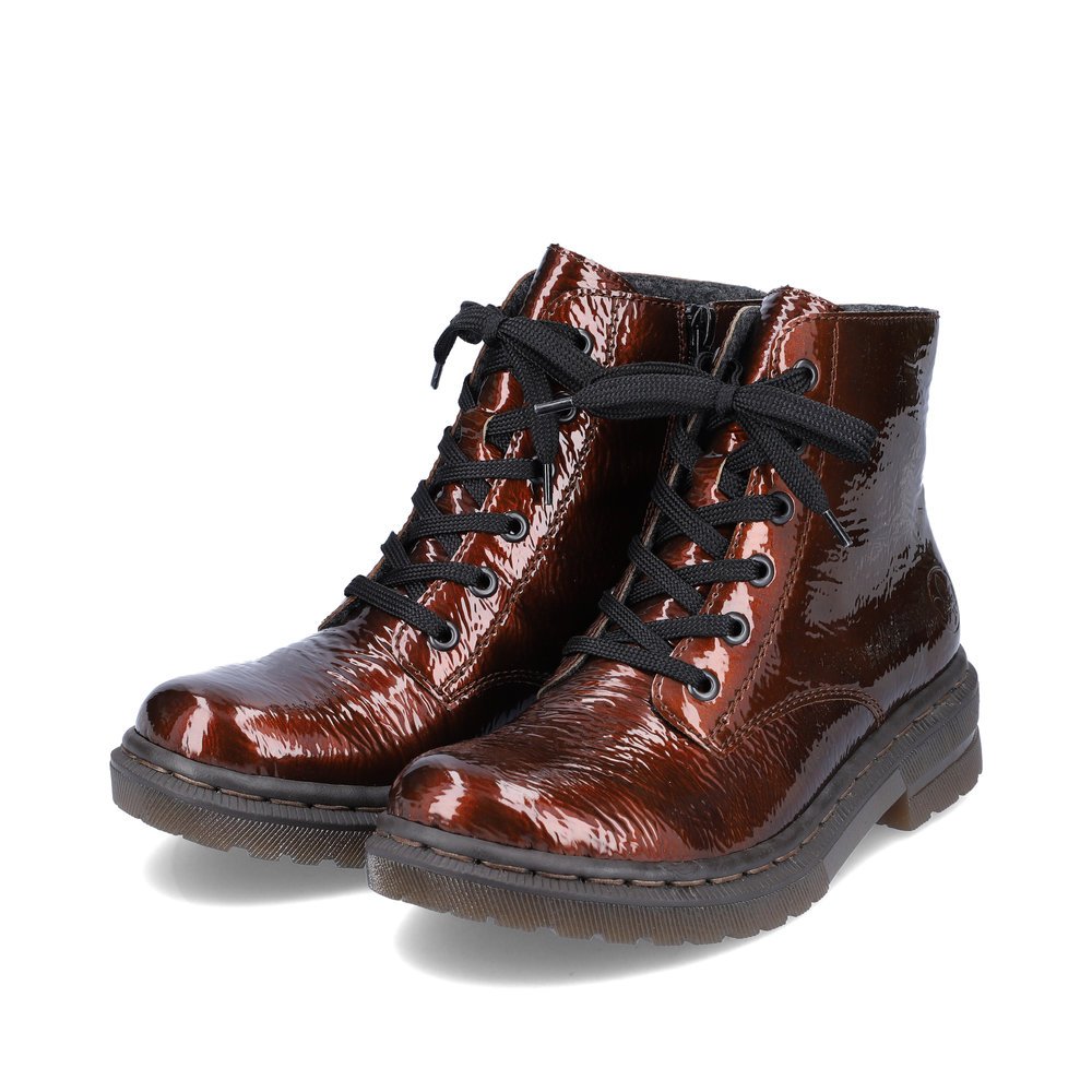 Metallic brown Rieker women´s lace-up boots 78240-25 with a zipper. Shoes laterally.