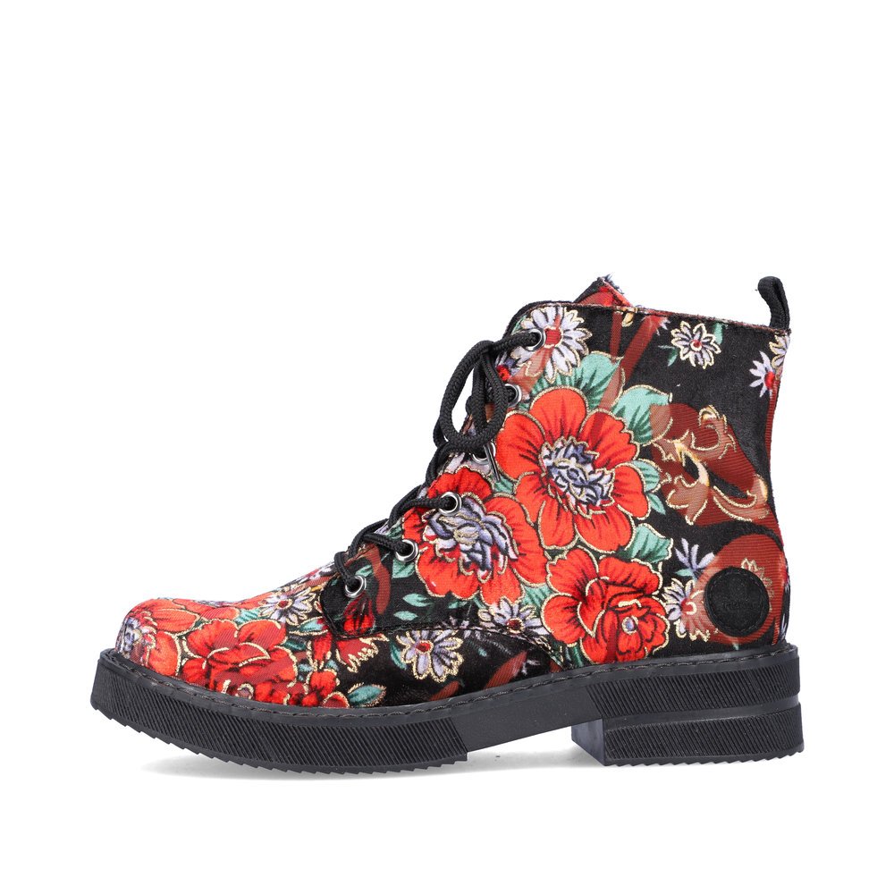 Multi-coloured Rieker women´s biker boots 72010-90 with a bright flower design. Outside of the shoe.