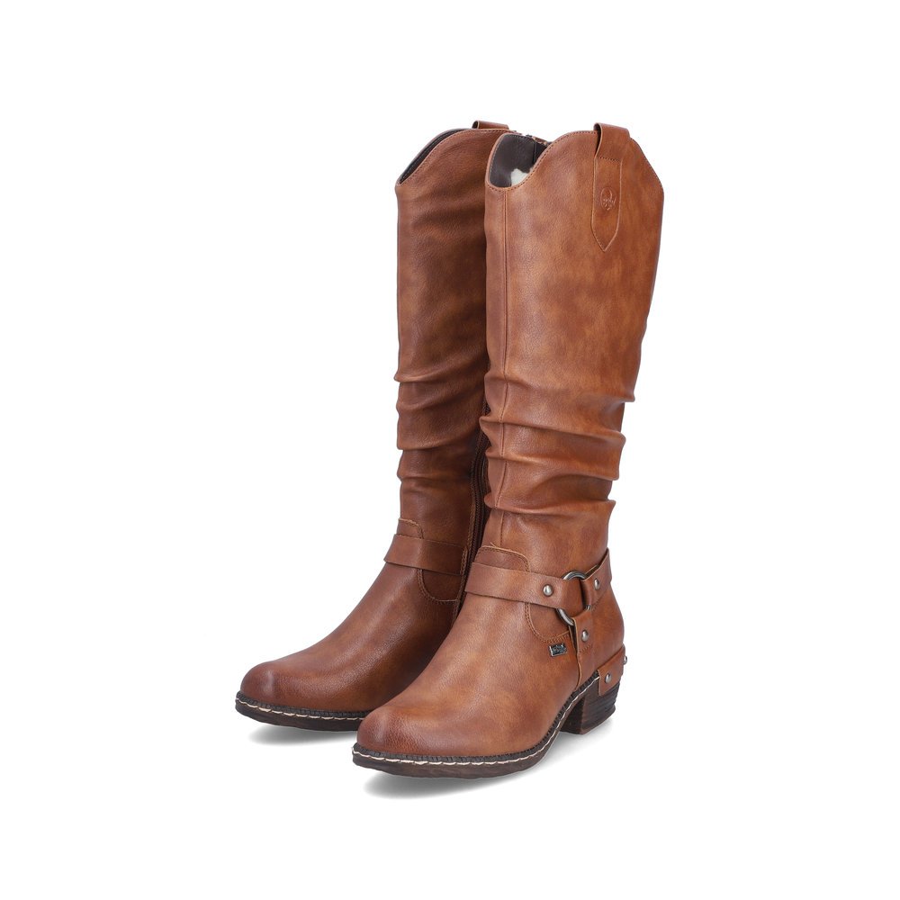 Braune Rieker Damen Hochschaftstiefel 93670-24 mit wasserabweisender TEX-Membran. Schuhpaar seitlich schräg.