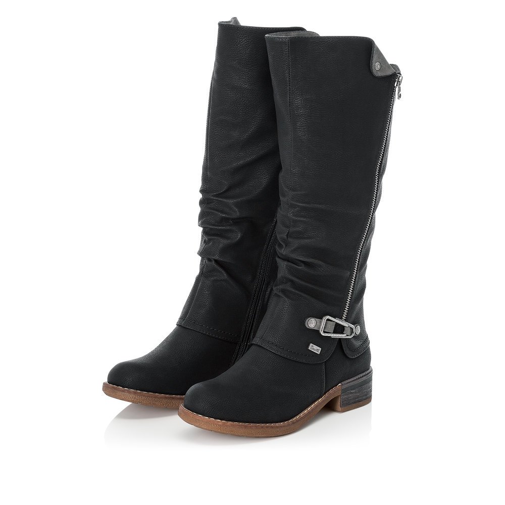 Night black Rieker women´s high boots 94652-00 with RiekerTEX technology. Shoes laterally.