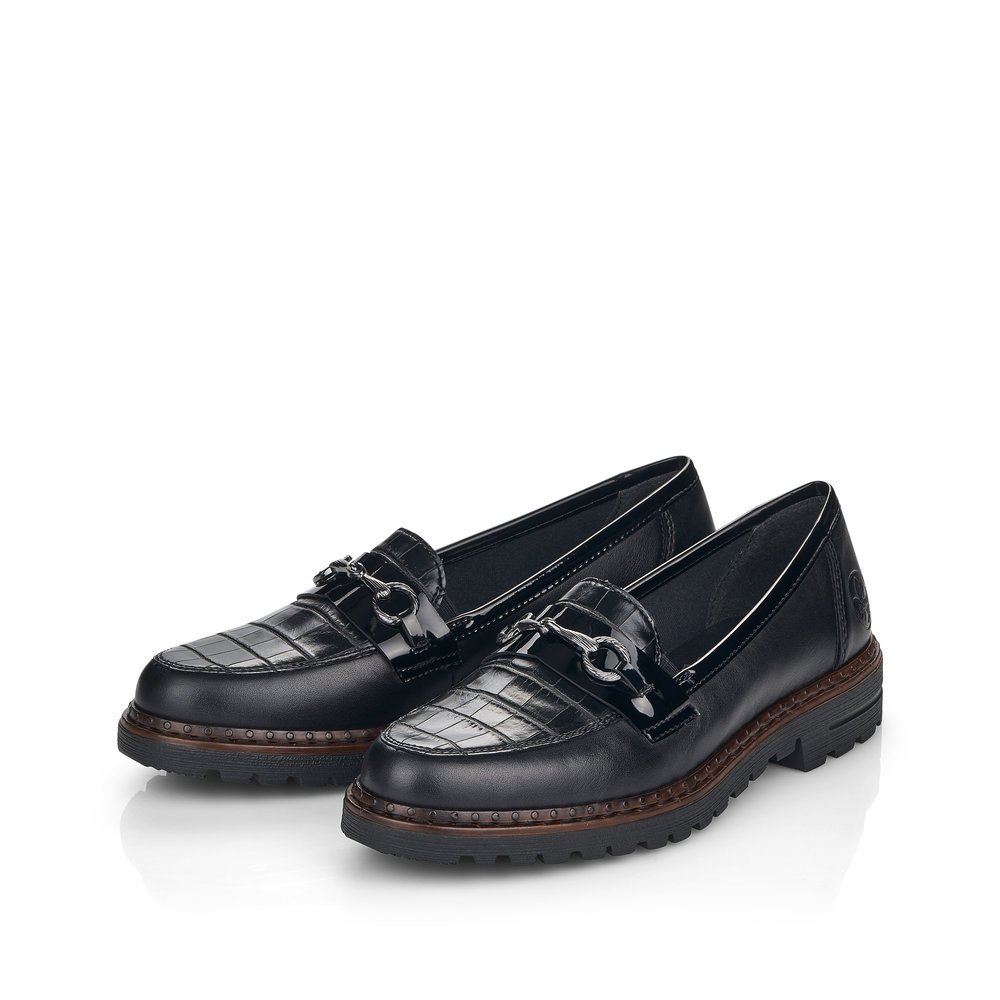 Graphite black Rieker women´s loafers 54862-01 with a decorative element. Shoes laterally.