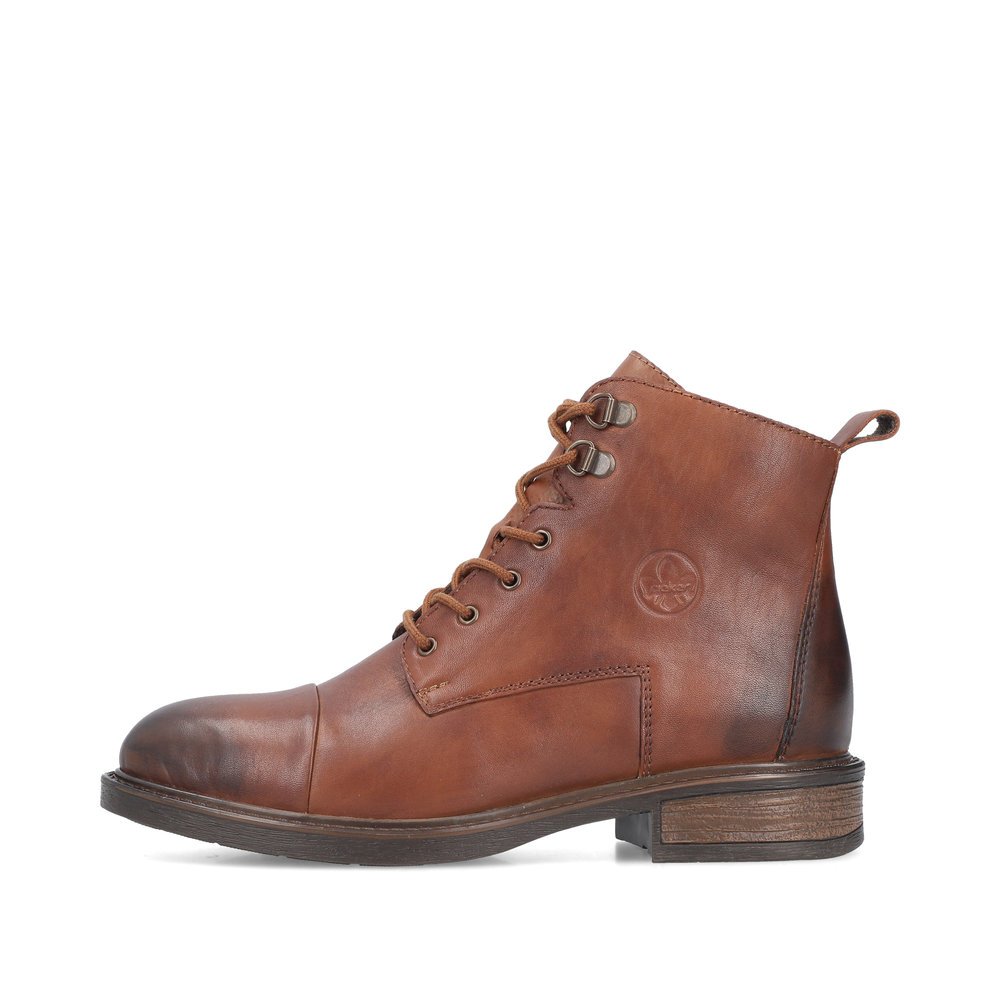 Coffee brown Rieker women´s lace-up boots 71442-25 with a zipper. Outside of the shoe.