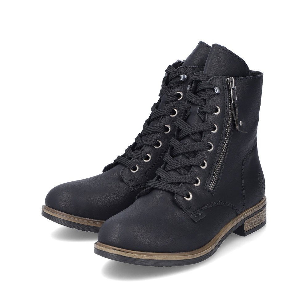 Asphalt black Rieker women´s lace-up boots 72221-00 with a zipper. Shoes laterally.