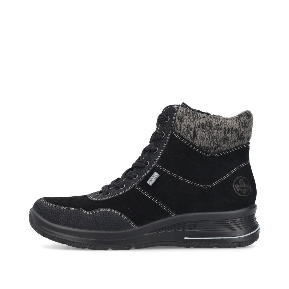 Urban black Rieker women´s lace-up boots L7710-00 with RiekerTEX technology. Outside of the shoe.