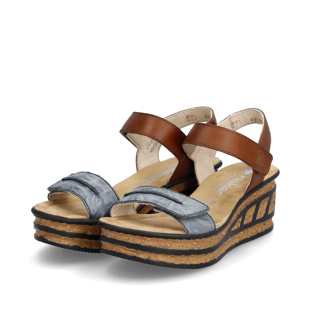 Steel blue Rieker women´s wedge sandals 68198-12 with a hook and loop fastener. Shoes laterally.