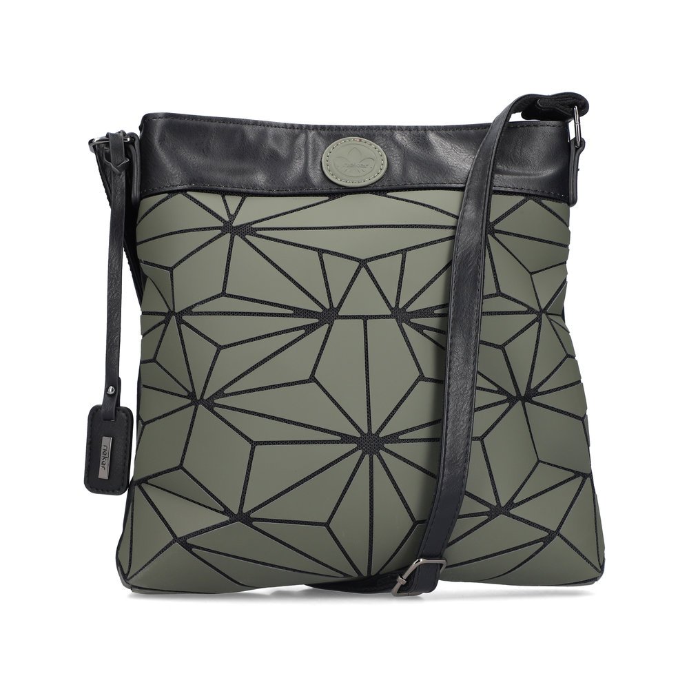 Sac à bandoulière Rieker H1316-54 vert avec un motif à la mode, une finition mate, une fermeture éclair et une poche pour téléphone portable. Face avant.