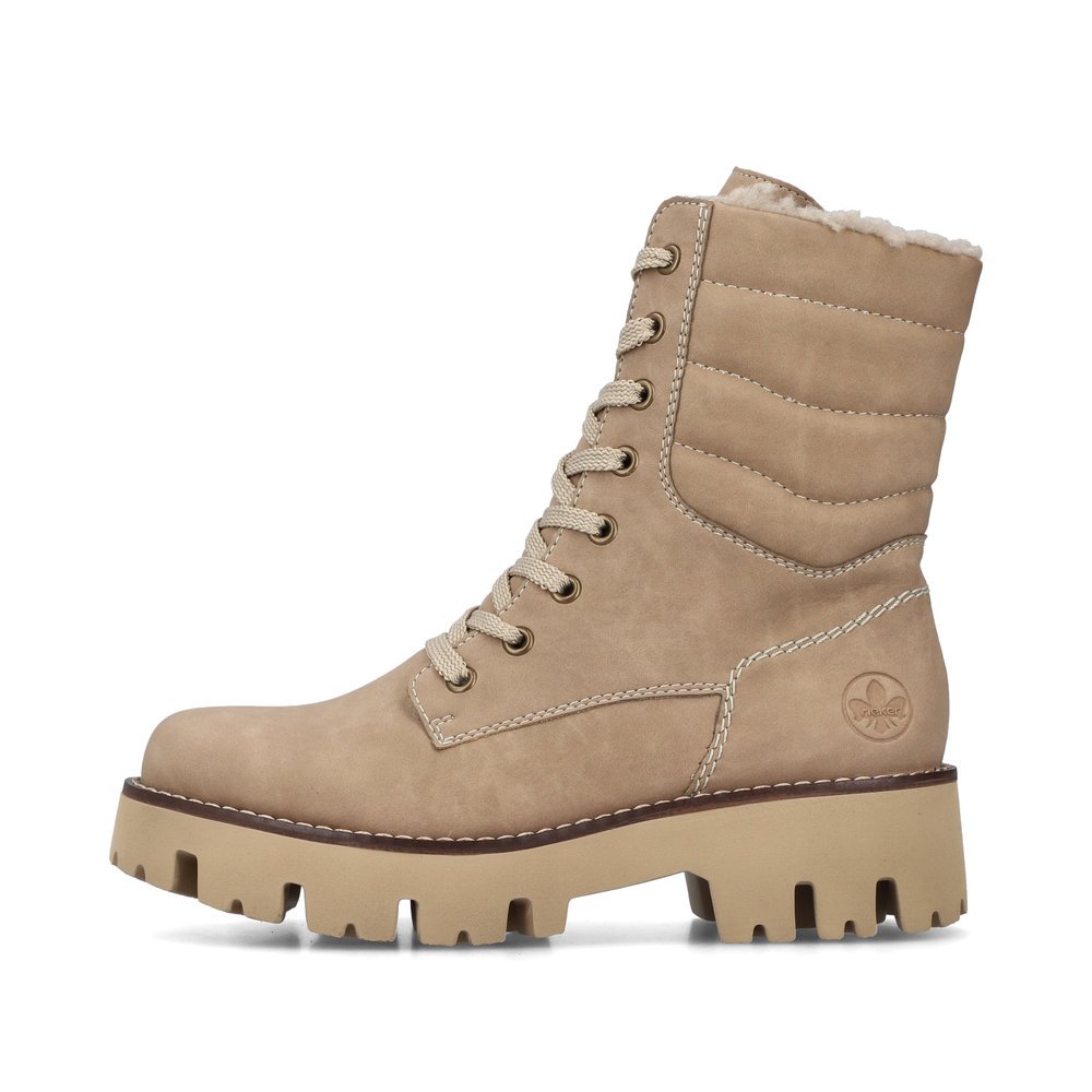 Brown beige Rieker women´s lace-up boots Y3330-20 with a zipper. Outside of the shoe.