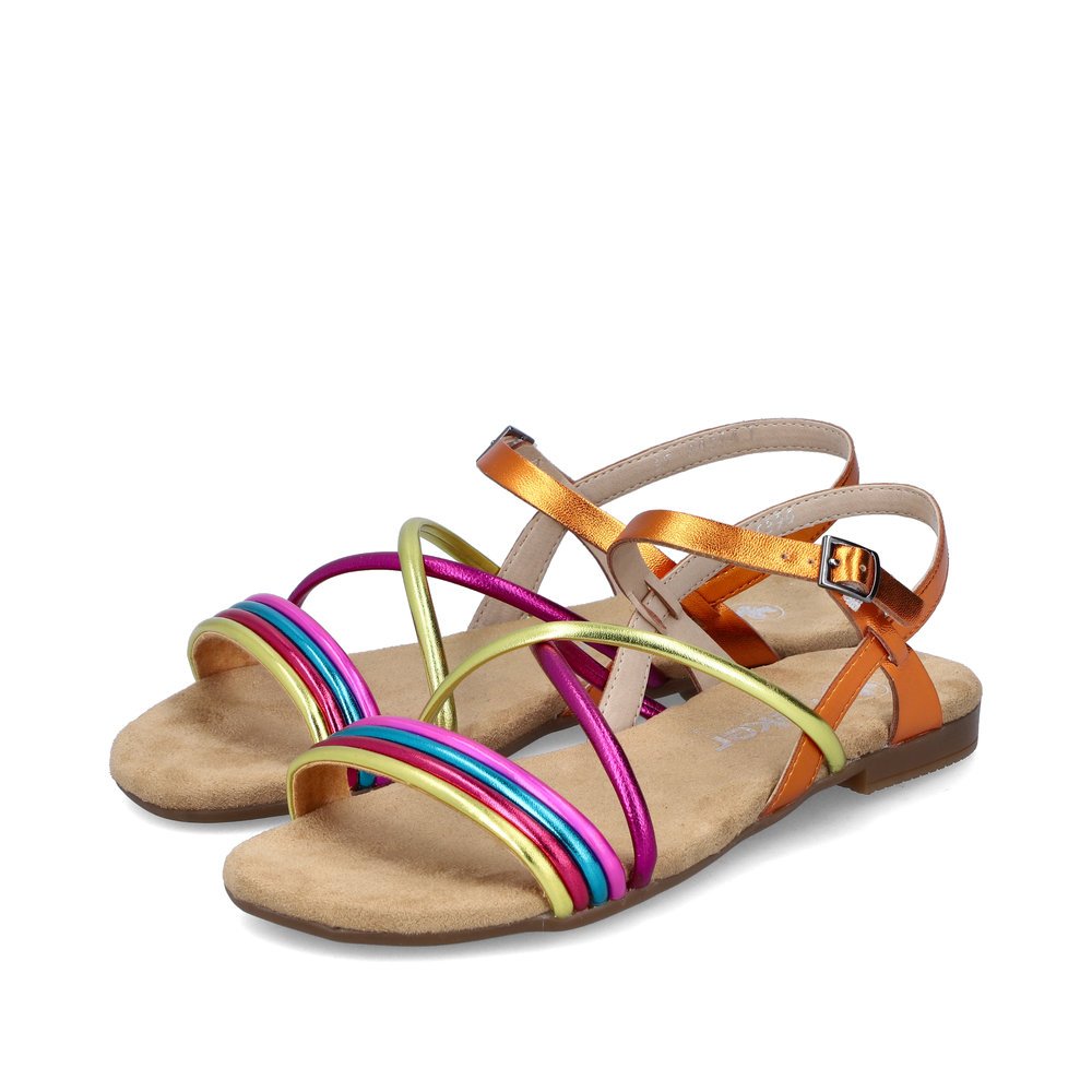 Orange vegan Rieker women´s strap sandals 65263-90 with a buckle. Shoes laterally.