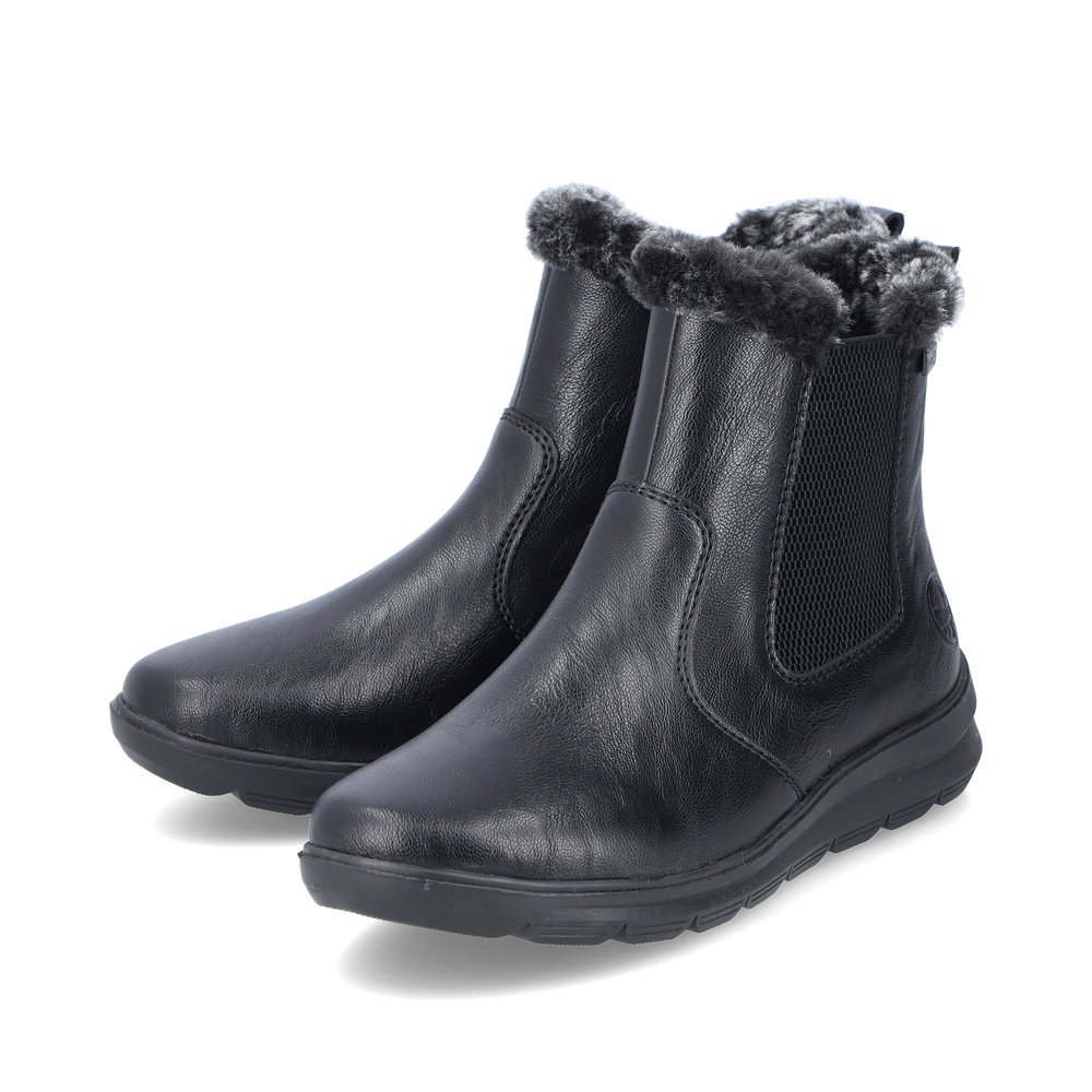 Matt black Rieker women´s Chelsea boots Z0061-00 with RiekerTEX technology. Shoes laterally.