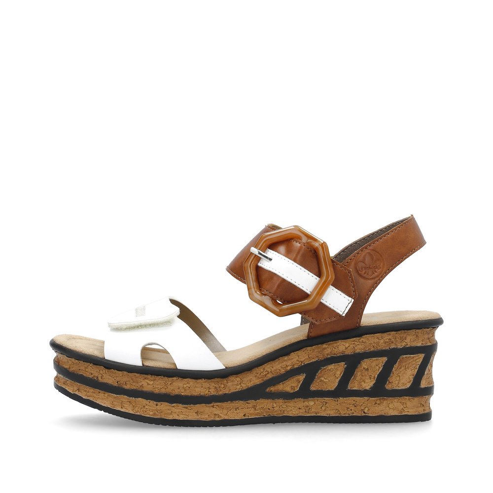 Rieker sandales compensées blanches femmes 68176-80 avec fermeture velcro. Côté extérieur de la chaussure.