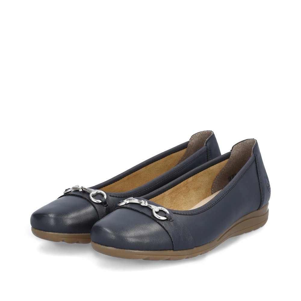 Blue Rieker women´s ballerinas L9360-14 with decorative accessory. Shoes laterally.