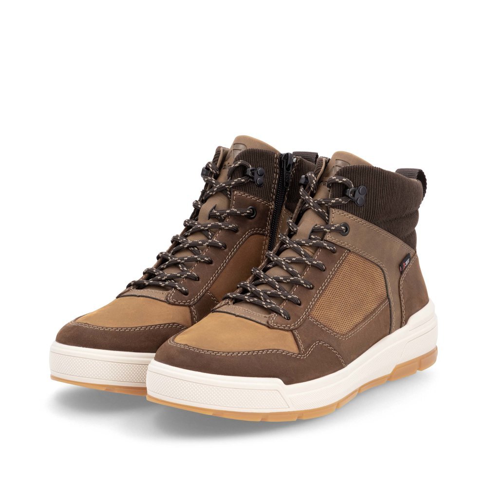 Braune Rieker Herren Sneaker High U0073-22 mit wasserabweisender TEX-Membran. Schuhpaar seitlich schräg.