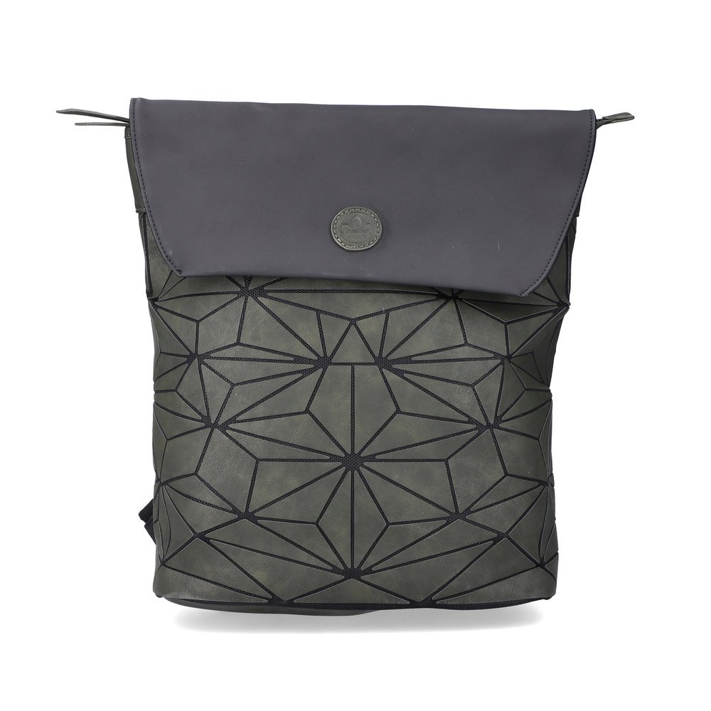 Sac à dos Rieker H1391-54 vert avec un motif stylé, une finition mate, une fermeture magnétique et une poche pour téléphone portable. Face avant.