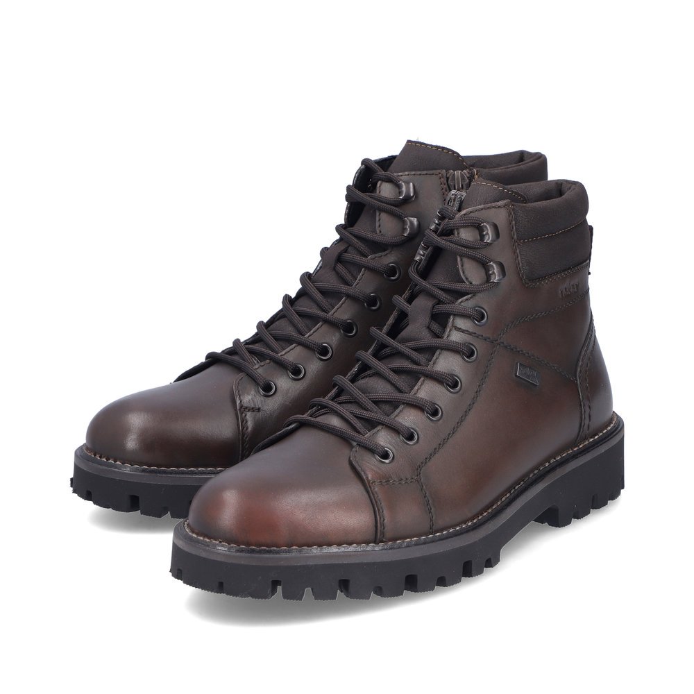 Brown Rieker men´s lace-up boots 30420-25 with RiekerTEX membrane as well as zipper. Shoes laterally.