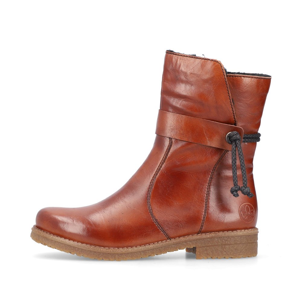 Brown Rieker women´s ankle boots 73551-24 with a fashionable cord as well as zipper. Outside of the shoe.