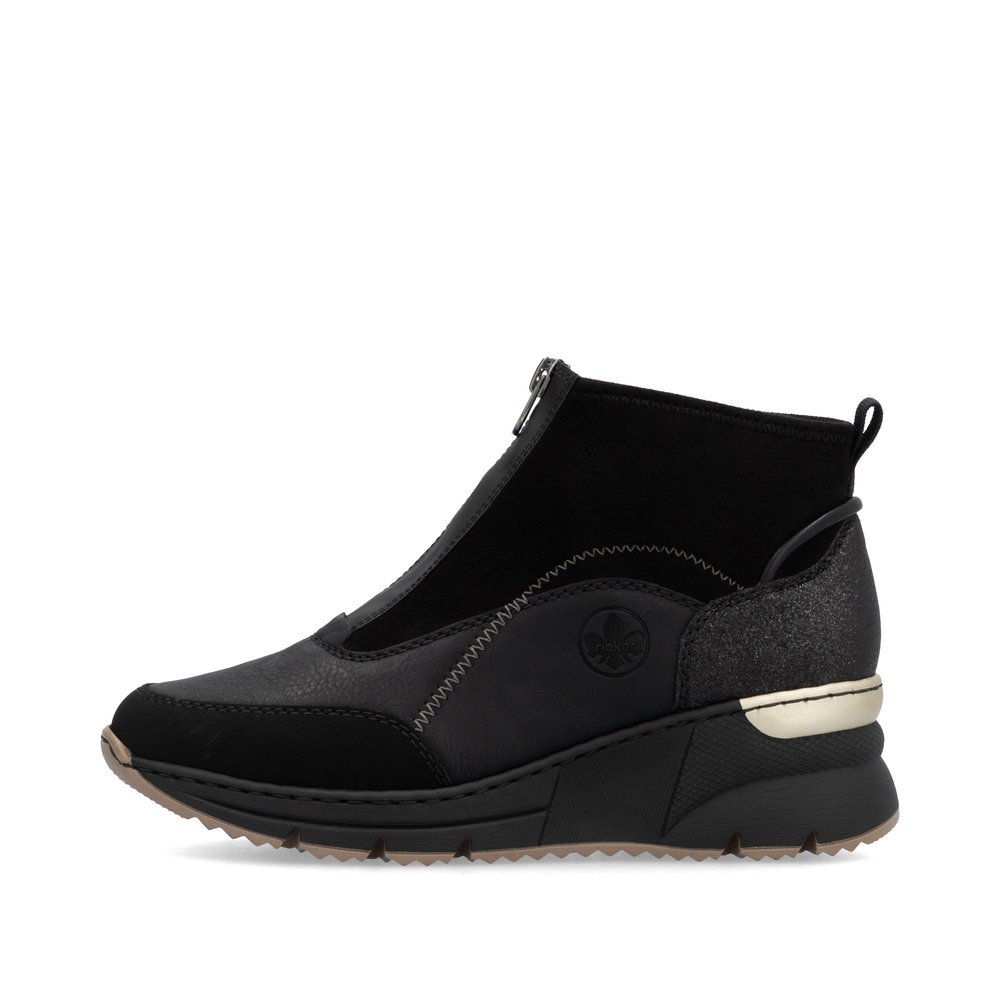 Night black Rieker women´s high-top sneakers N6361-00 with a zipper. Outside of the shoe.