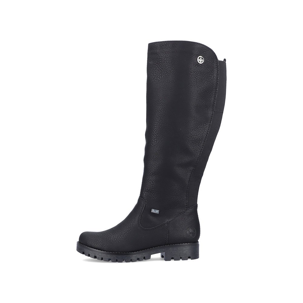 Black Rieker women´s high boots 78554-00 with RiekerTEX membrane as well as zipper. Outside of the shoe.