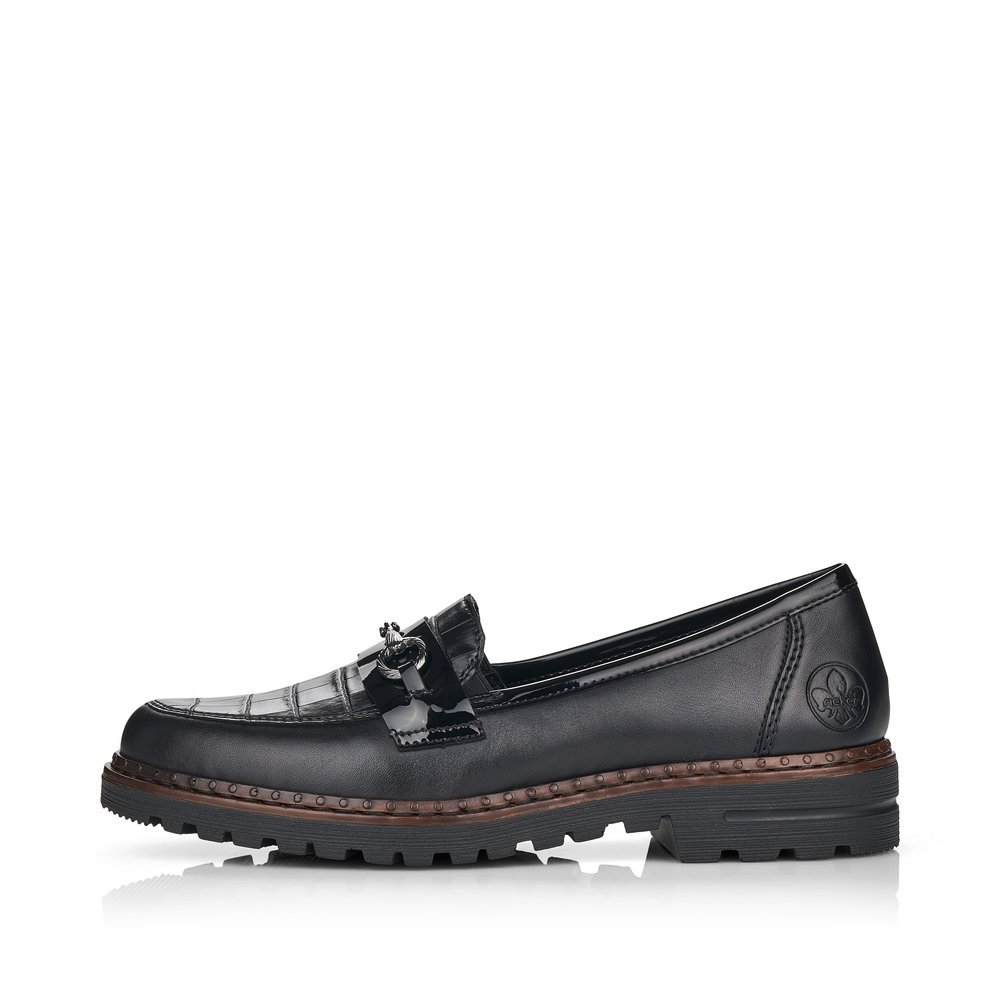 Graphite black Rieker women´s loafers 54862-01 with a decorative element. Outside of the shoe.