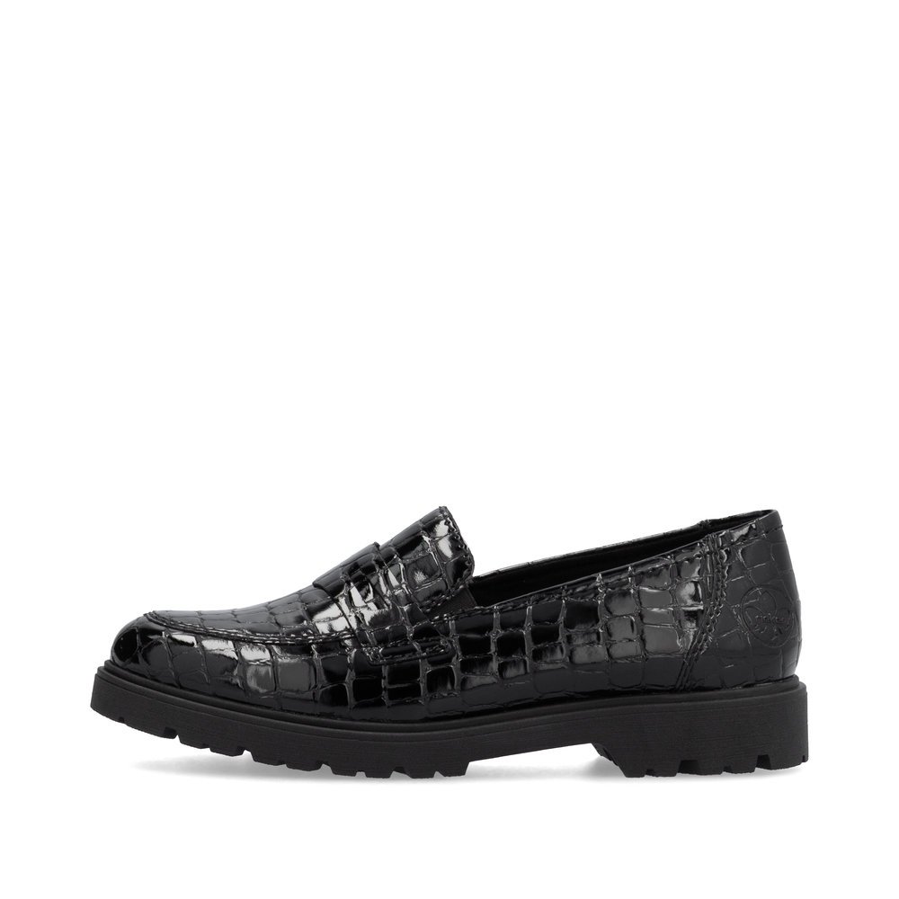 Glossy black Rieker women´s loafers 45560-03 with an extra soft cover sole. Outside of the shoe.