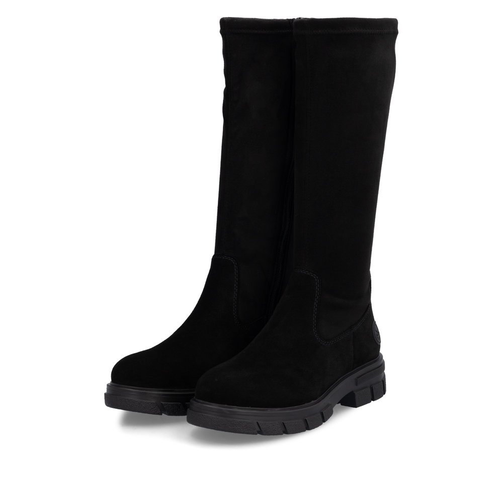 Jet black Rieker women´s high boots Z9178-00 with a zipper. Shoes laterally.