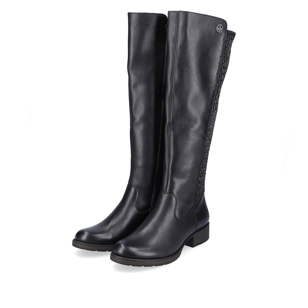 Jet black Rieker women´s high boots Z9591-00 with a zipper. Shoes laterally.