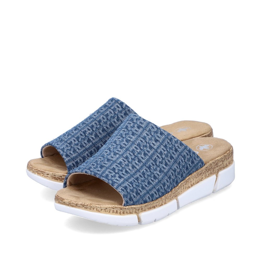 Blue Rieker women´s mules V2377-14 with letter pattern as well as slim fit E 1/2. Shoes laterally.