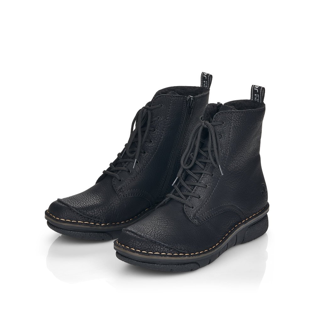 Black Rieker women´s lace-up boots 73310-00 with zipper as well as removable insole. Shoes laterally.