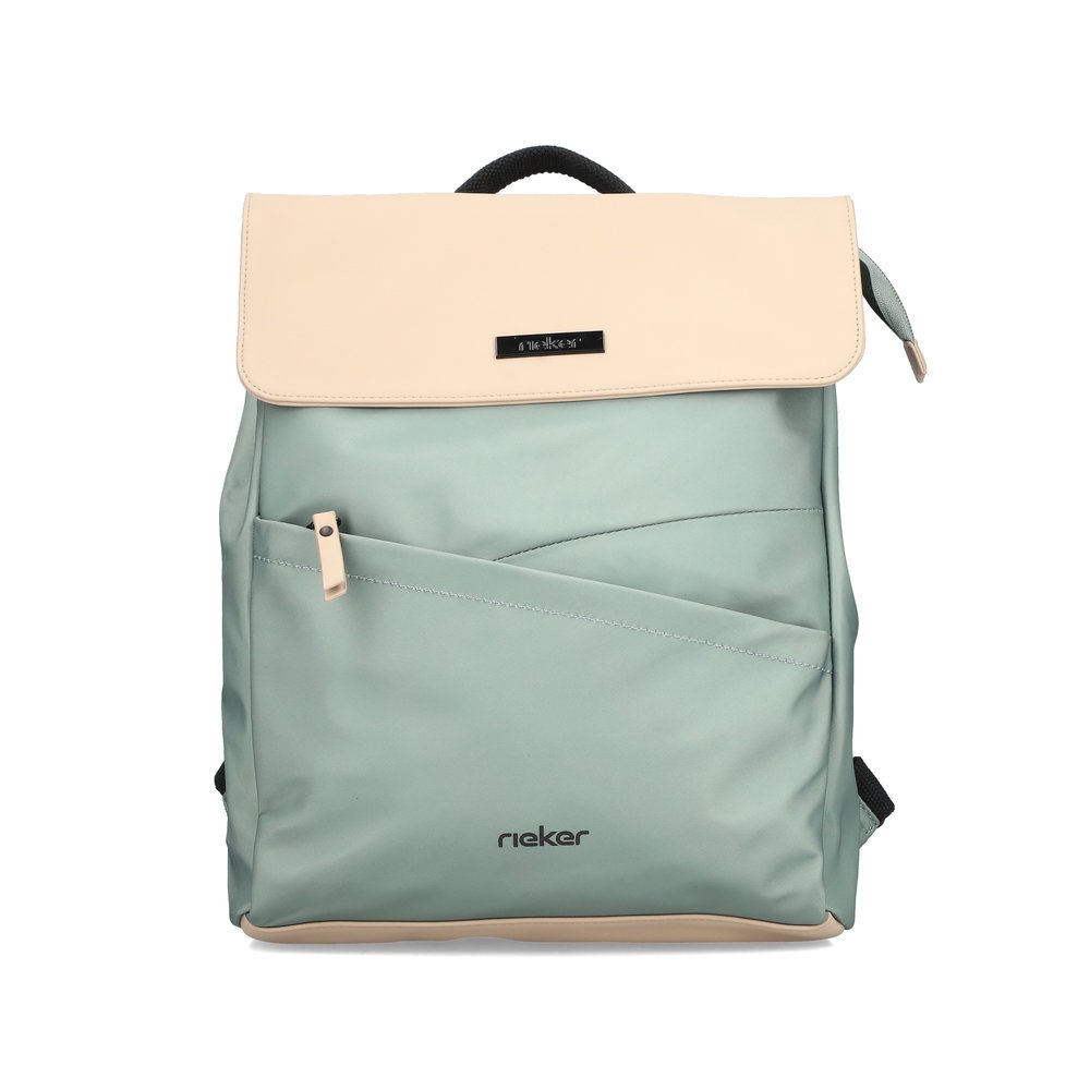 Rieker backpack H1547-52 in green-beige with zipper and magnetic closure, breathable back padding and a 12" laptop pocket. Front.