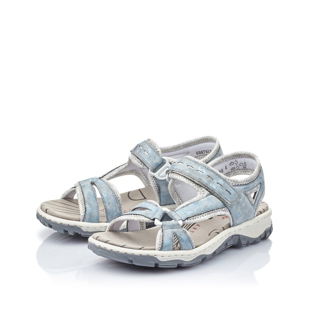 Sky blue Rieker women´s hiking sandals 68879-12 with a hook and loop fastener. Shoes laterally.