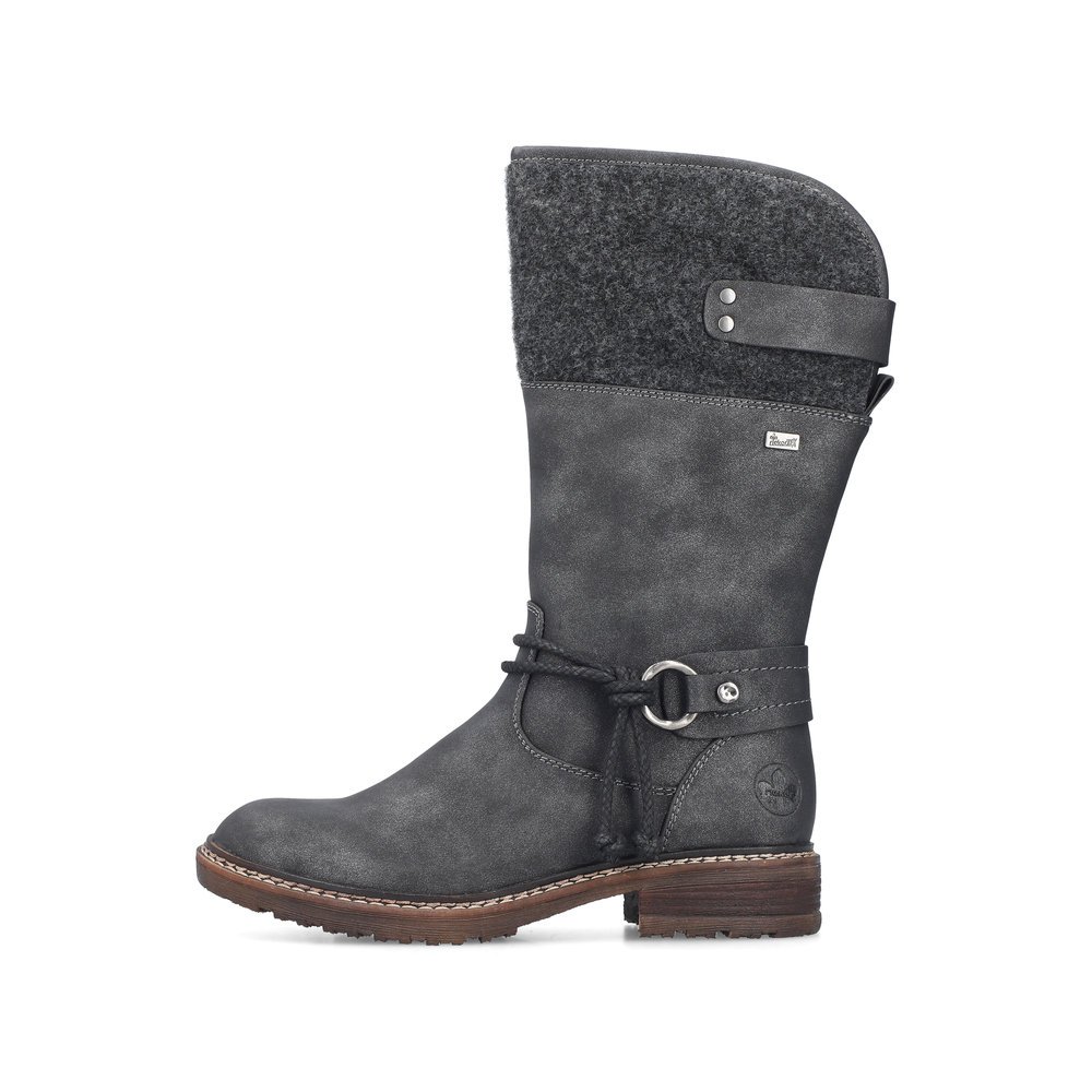 Grey Rieker women´s high boots 94774-45 with RiekerTEX technology as well as zipper. Outside of the shoe.