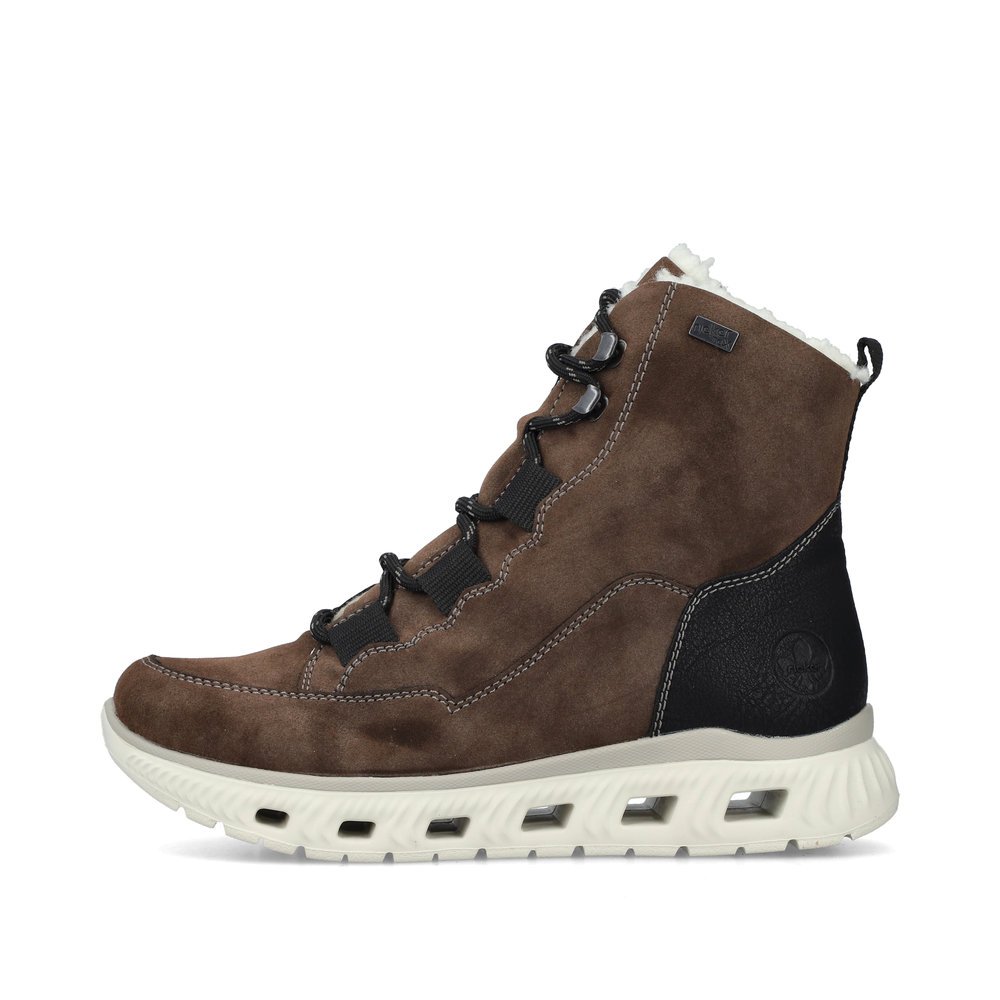 Braune Rieker Damen Schnürstiefel M6012-25 mit wasserabweisender TEX-Membran. Schuh Außenseite.