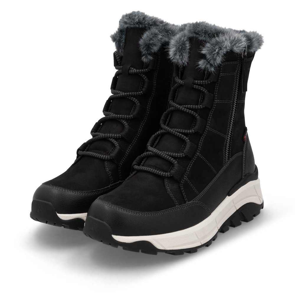 Bottes à lacets Rieker noires pour femme W0071-00 avec membrane RiekerTEX. Chaussures inclinées sur le côté.