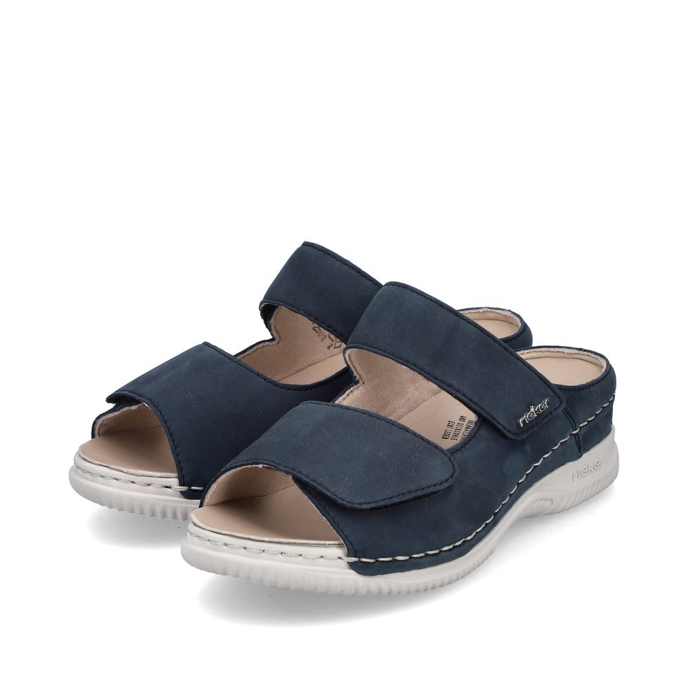 Blue-grey Rieker women´s mules V7492-14 with a hook and loop fastener. Shoes laterally.