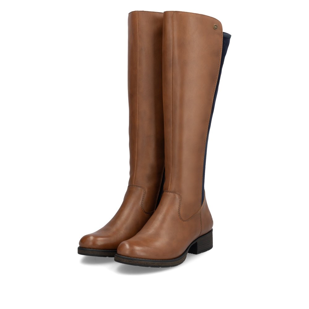 Caramel brown Rieker women´s high boots Z9591-23 with a zipper. Shoes laterally.