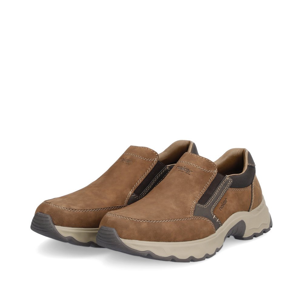 Brown Rieker men´s slippers 11451-24 with elastic insert as well as extra width I. Shoes laterally.