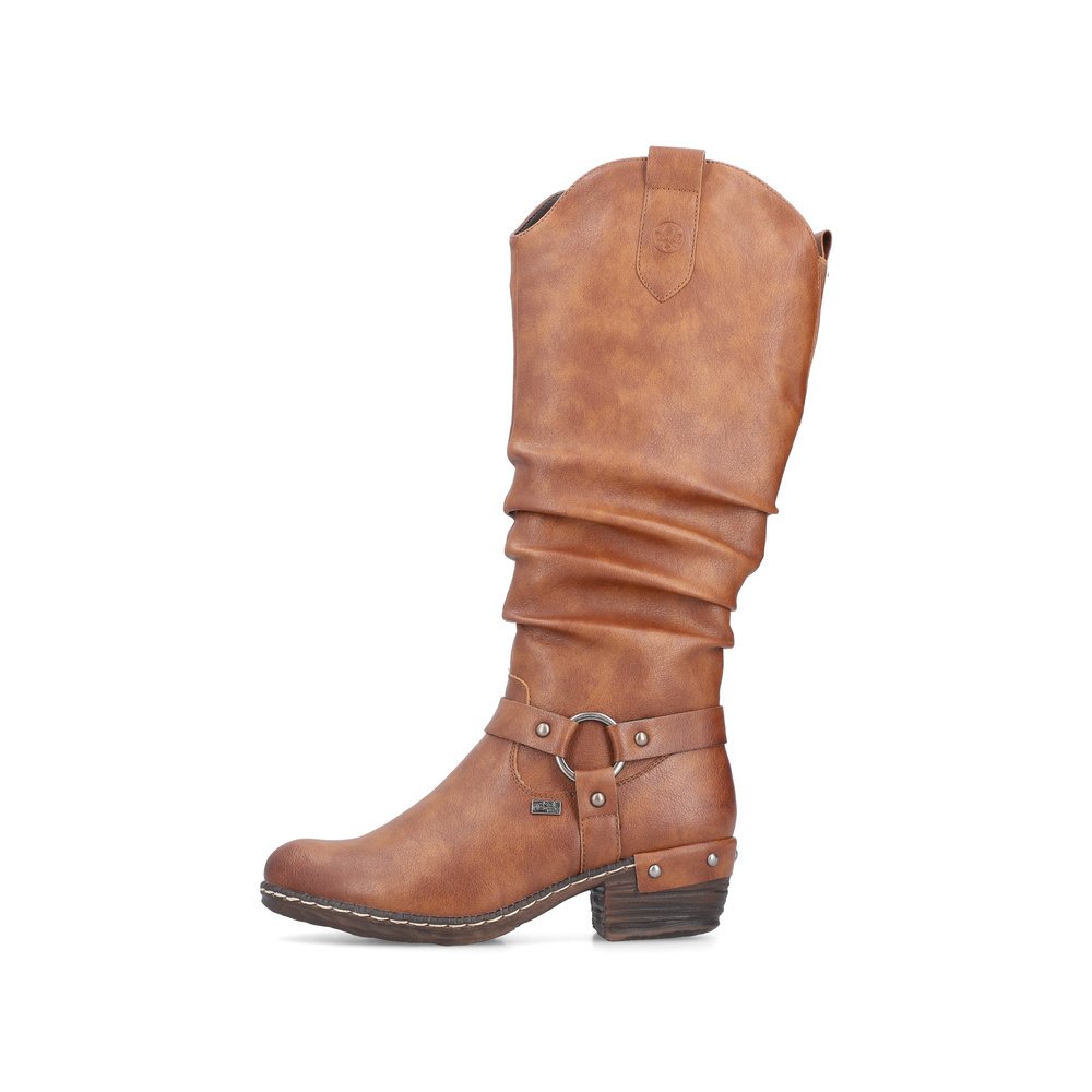 Caramel brown Rieker women´s high boots 93670-24 with RiekerTEX technology. Outside of the shoe.