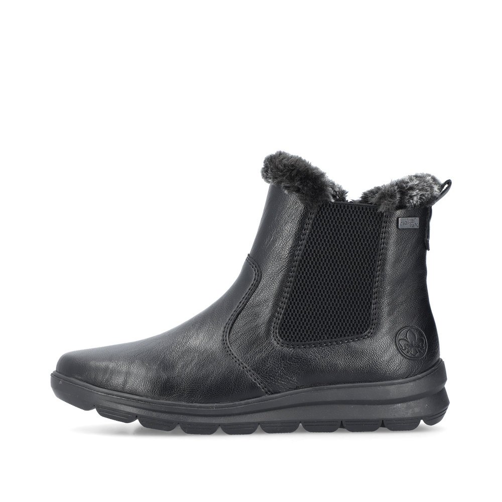 Schwarze Rieker Damen Chelsea Boots Z0061-00 mit wasserabweisender TEX-Membran. Schuh Außenseite.