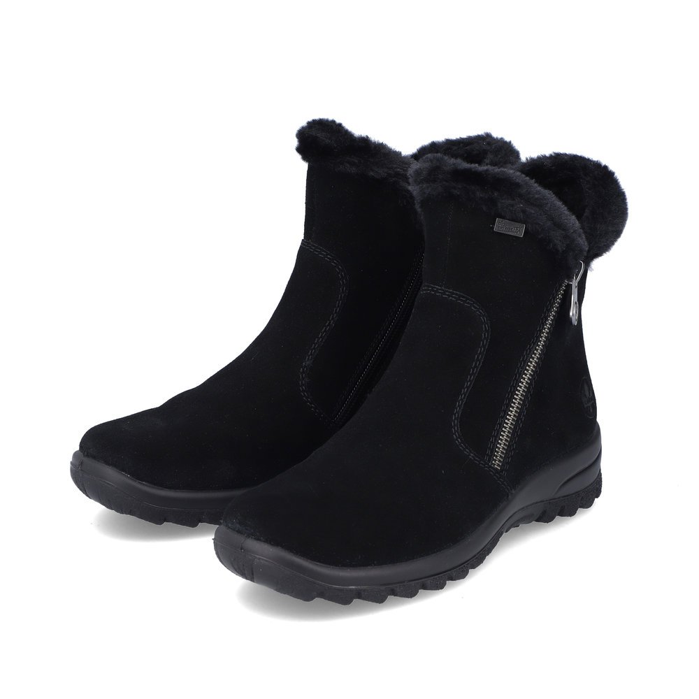 Jet black Rieker women´s ankle boots L7162-00 with RiekerTEX technology. Shoes laterally.