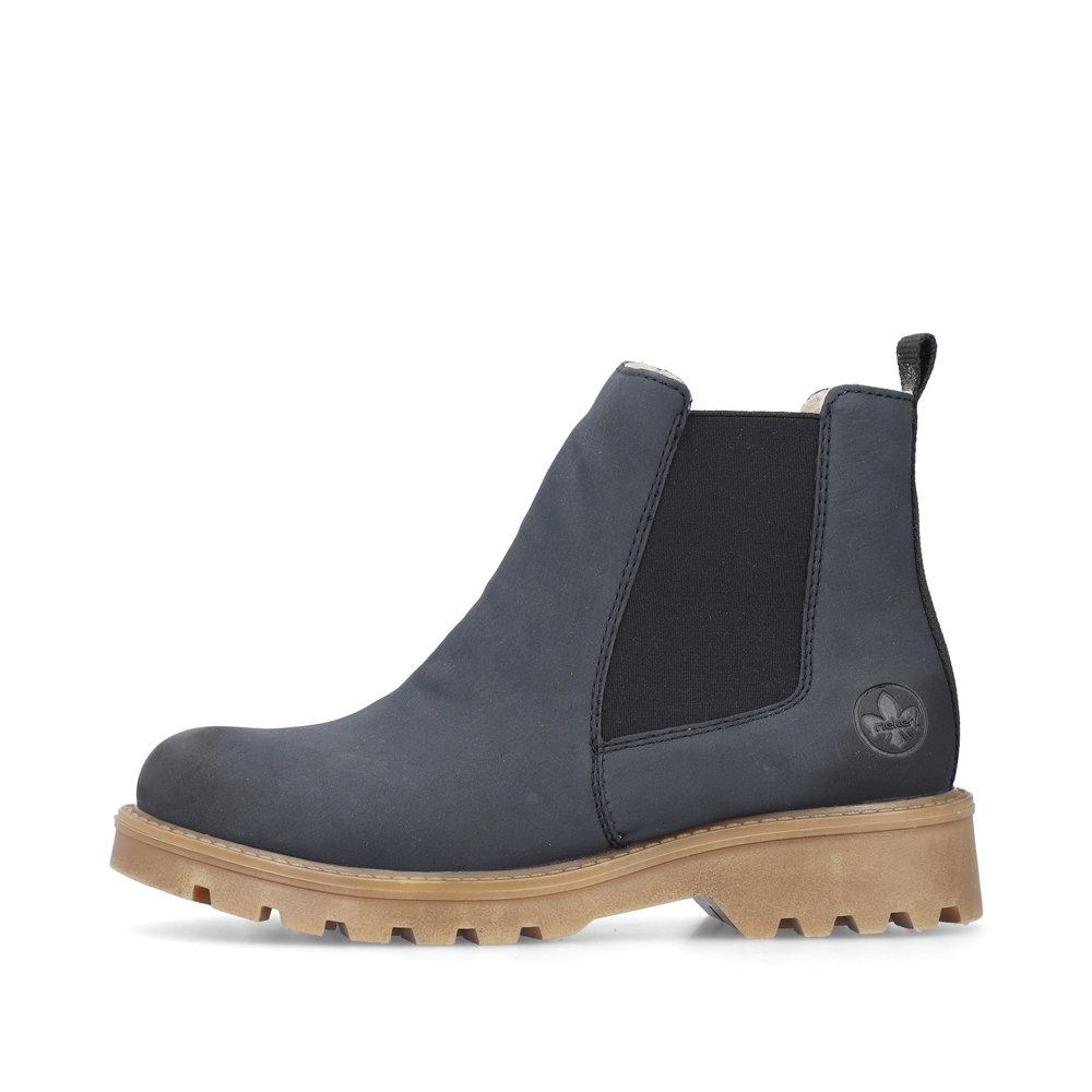 Atlantic blue Rieker women´s Chelsea boots 73250-14 with a zipper. Outside of the shoe.