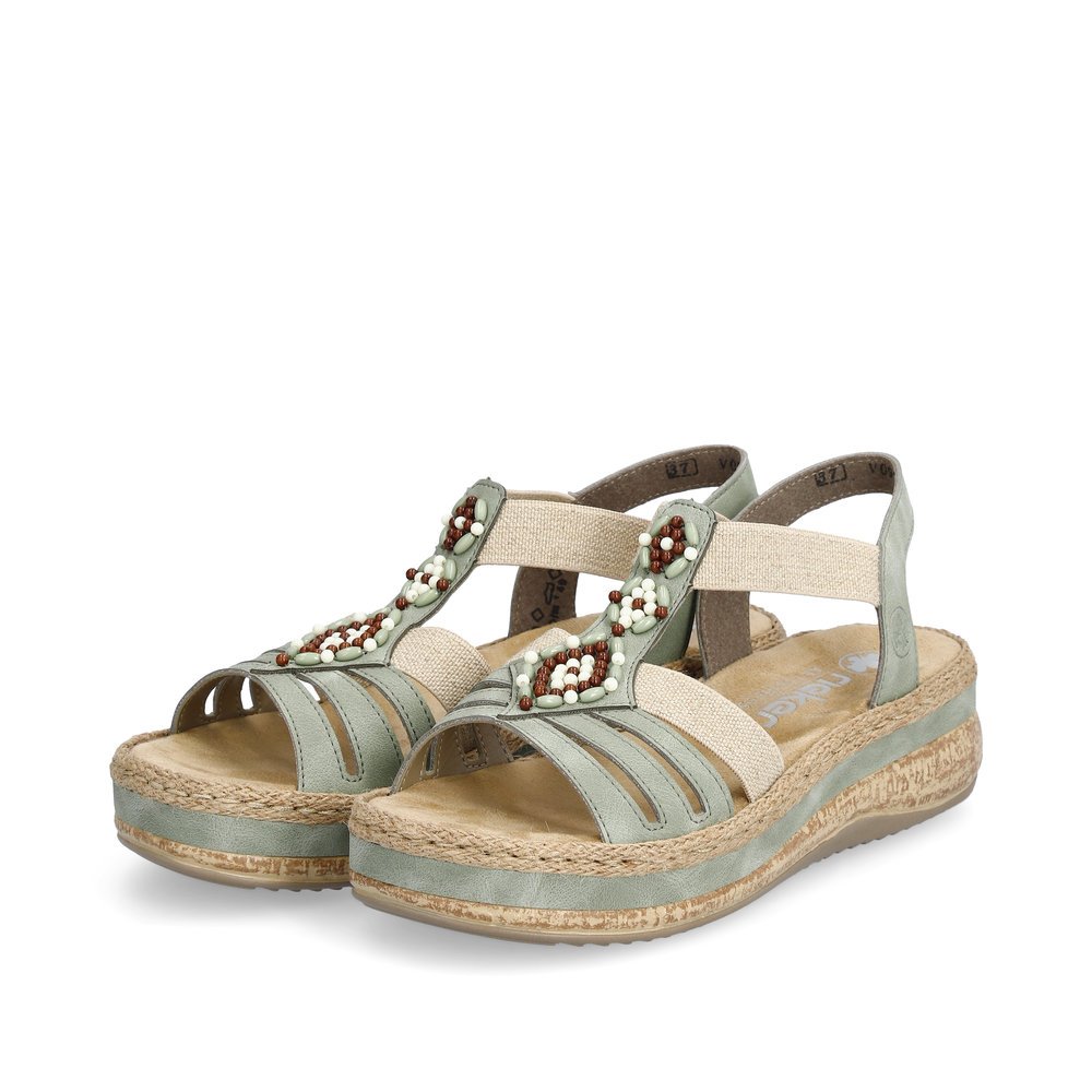 Green-grey Rieker women´s strap sandals V0920-52 with an elastic insert. Shoes laterally.
