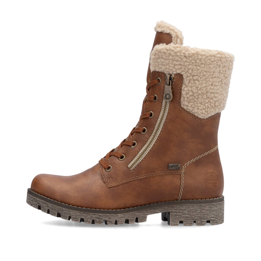 Nougat brown Rieker women´s lace-up boots 78522-24 with RiekerTEX technology. Outside of the shoe.