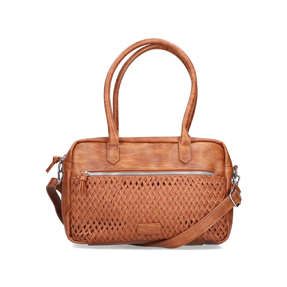 Rieker handbag H1640-22 in brown with a diamond pattern lattice look, zipper and detachable and adjustable shoulder strap. Front.