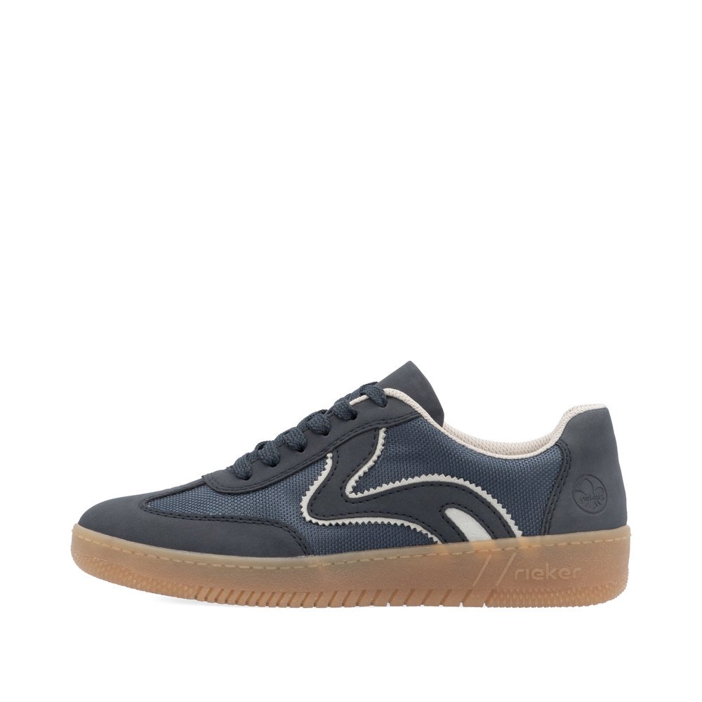 Blaue vegane Rieker Damen Sneaker Low M5512-14 mit einer strapazierfähigen Sohle. Schuh Außenseite.