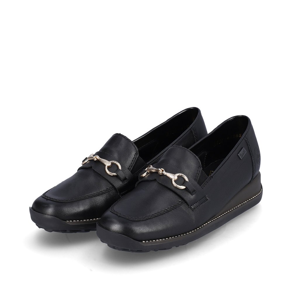 Night black Rieker women´s loafers 44285-00 with RiekerTEX technology. Shoes laterally.