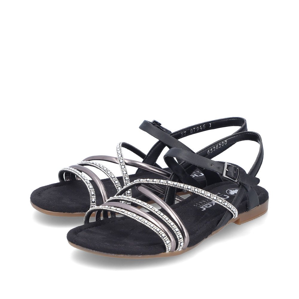 Jet black vegan Rieker women´s strap sandals 65262-00 with a buckle. Shoes laterally.