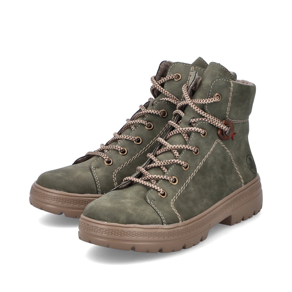 Bottes à lacets Rieker vertes pour femme N0030-54 avec fermeture éclair. Chaussures inclinées sur le côté.