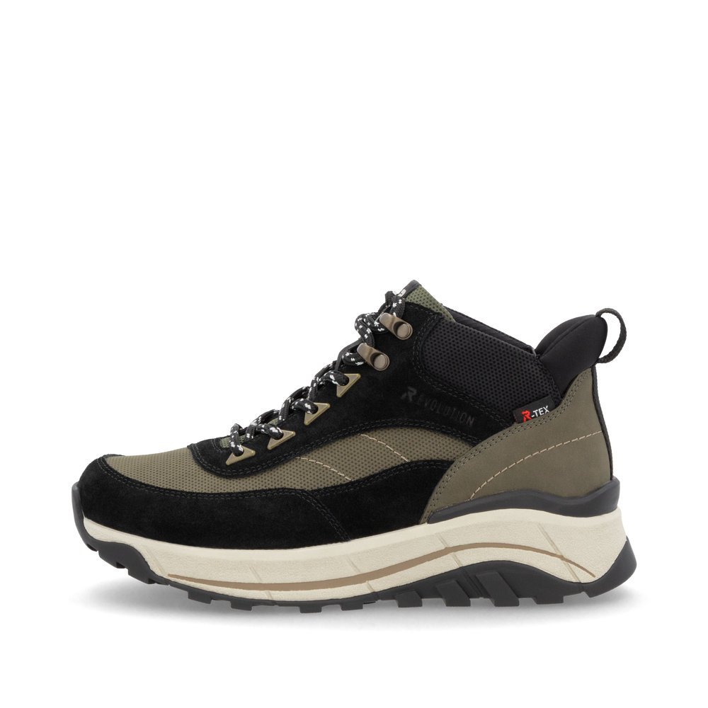 Black Rieker women´s high-top sneakers W0067-54 with RiekerTEX technology. Outside of the shoe.