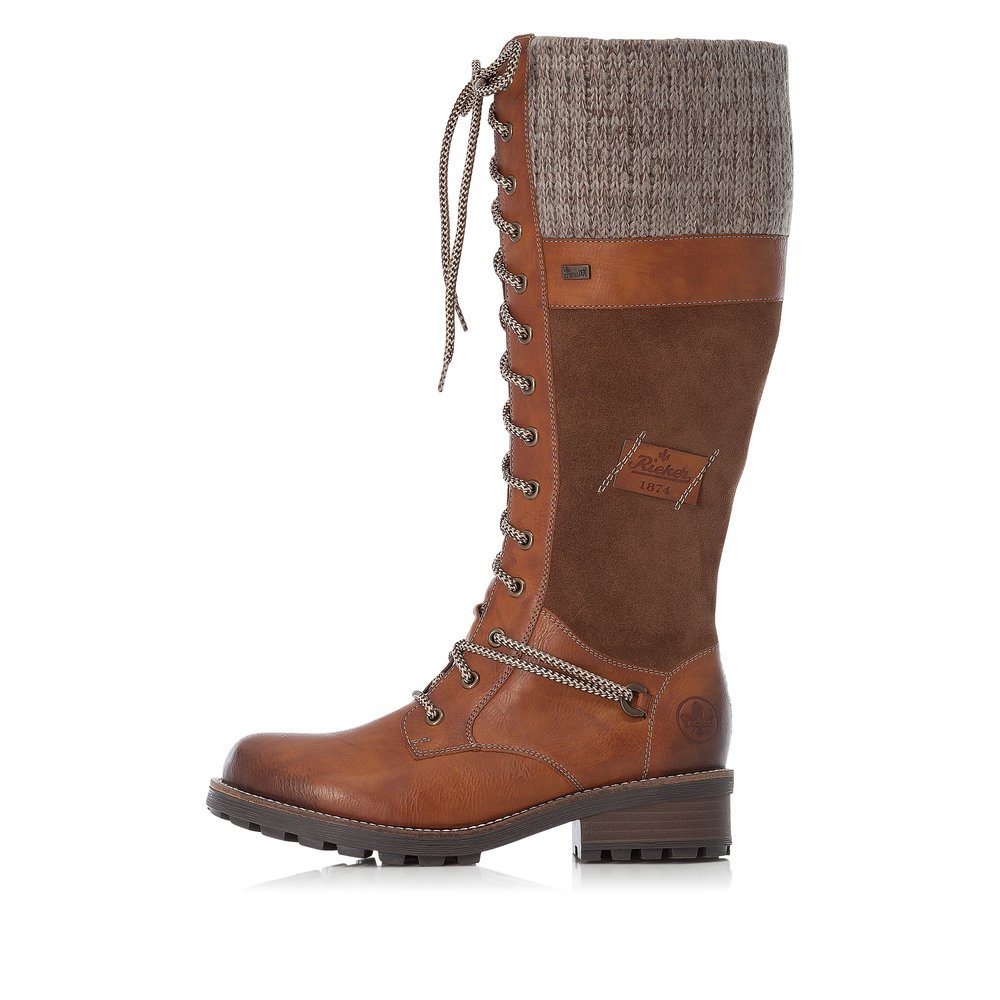 Caramel brown Rieker women´s high boots Z0442-24 with RiekerTEX technology. Outside of the shoe.